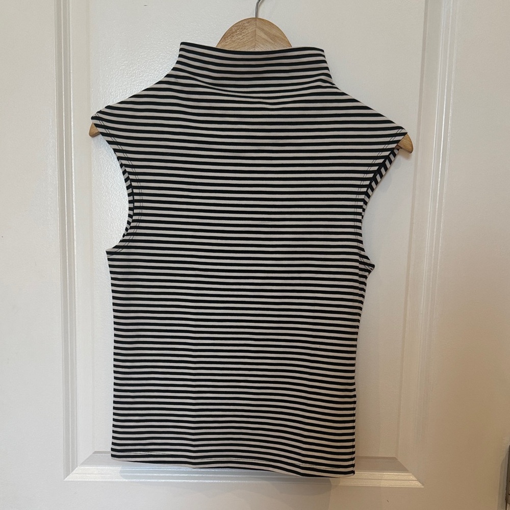 J. Crew Black and White Striped Sleeveless Mock Neck Tank